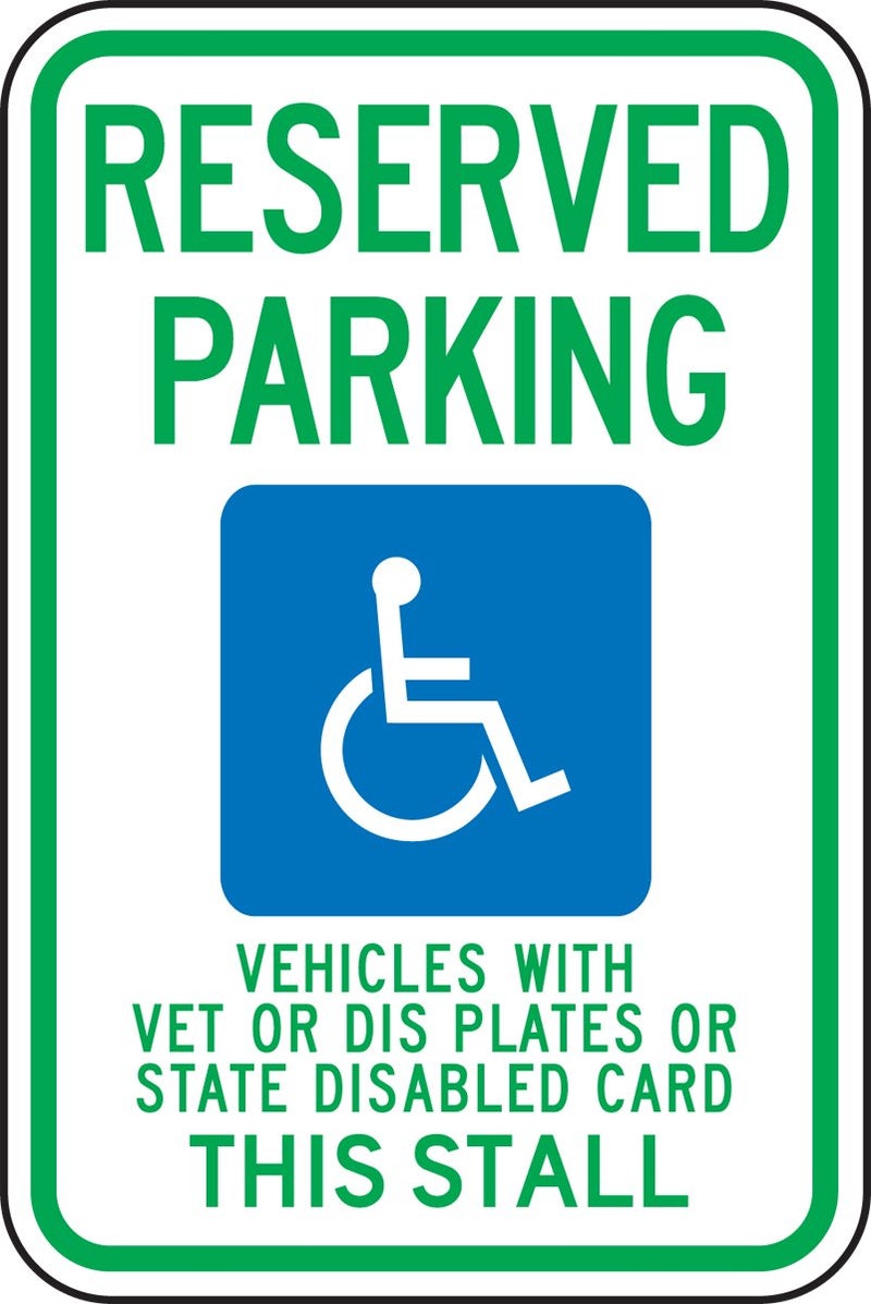 Accuform FRA215RA Reflective Aluminum Handicapped Parking Sign (Wisconsin), "Reserved Parking Vehicles with Vet OR DIS Plates OR State Disabled Card This STALL", 18"x12"x0.080 ", Green/Blue on White